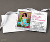 horizontal graduation announcement with a single photo, white background, gray damask accent detail, and gray and pink text, printed on cardstock with a stack of white envelopes