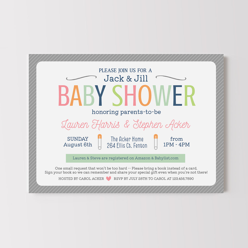 Jack & Jill co-ed baby shower invitation with colorful text on a gray background