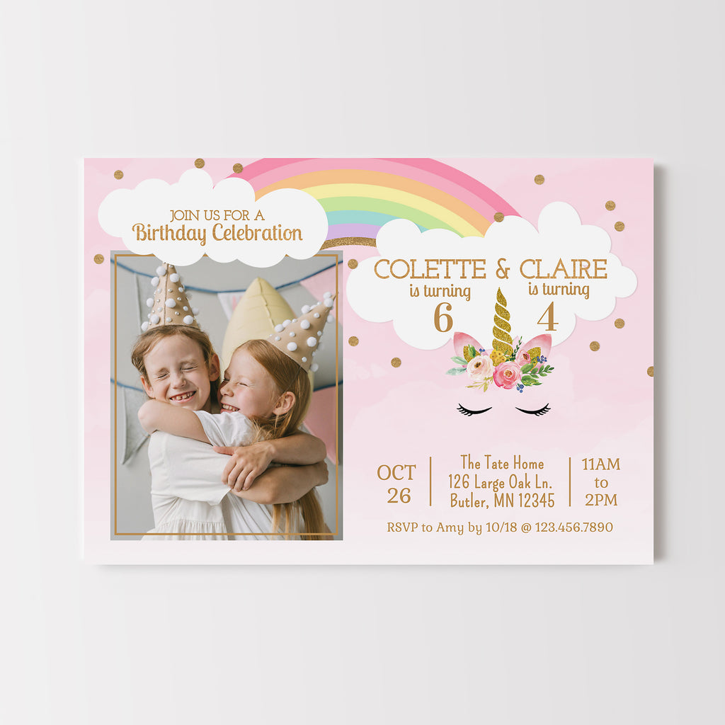 Birthday invitation card with photo of two children, rainbow, and unicorn design on a pink background.