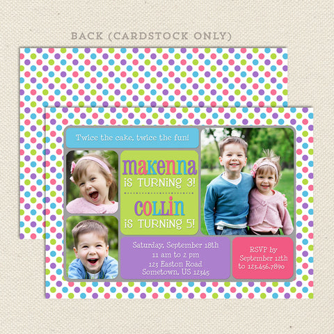 joint birthday party invitation with boy girl colors and three photos, two child sibling invite