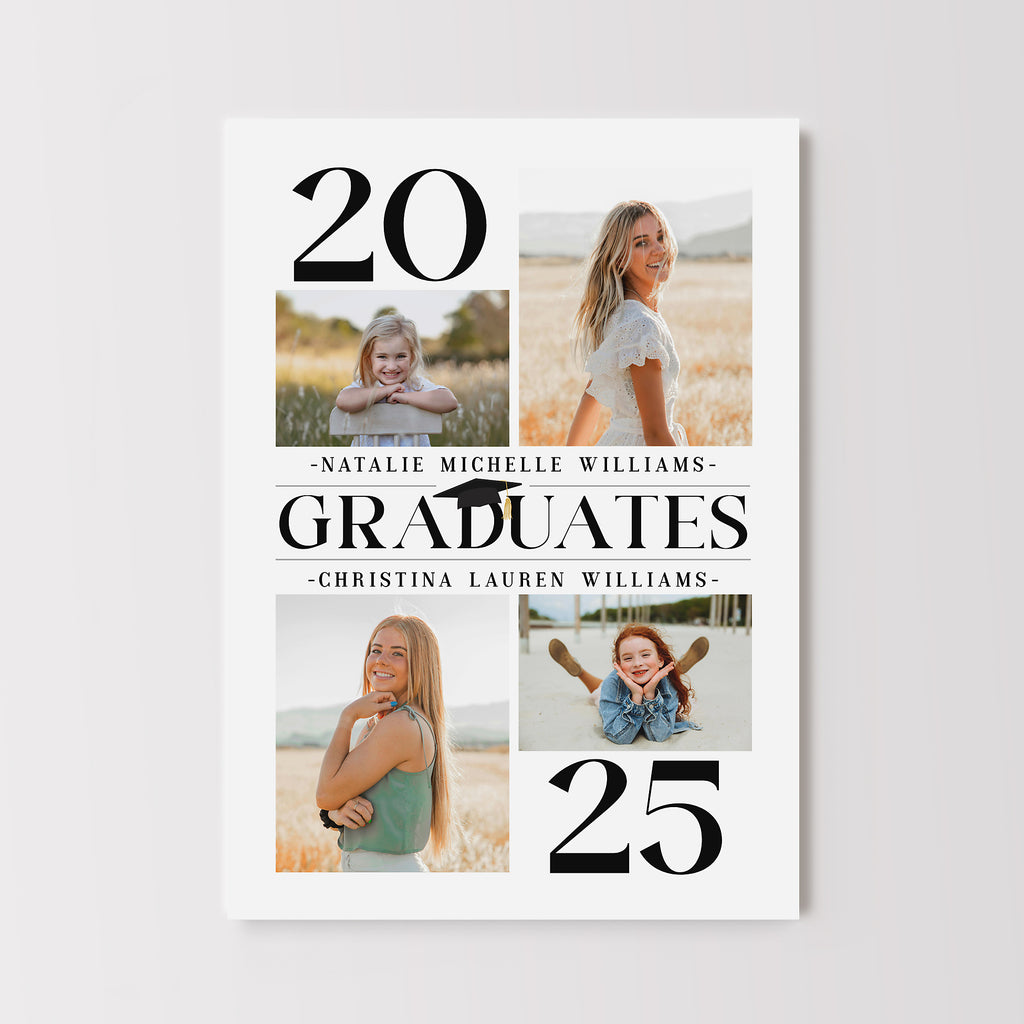 Joint photo graduation announcement for 2 people with a current and childhood photo for each grad, black text on a white background. 