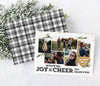 multiple photo christmas card with 5 photos, white background, black text, gold confetti and pine branches, back side has black and white plaid 