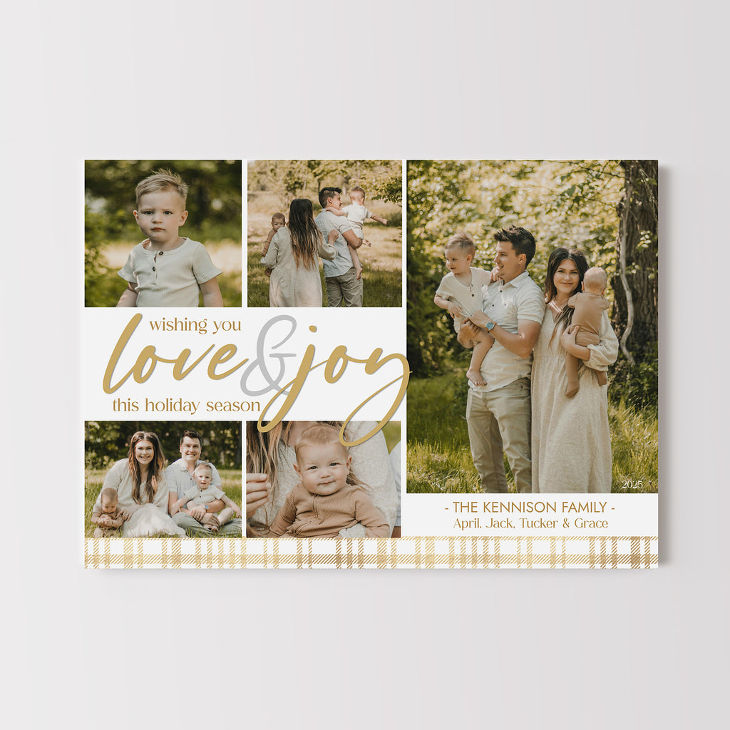 Gold & white themed christmas card template with five photos.