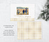 white gold holiday card back side, one with plaid background, one with single photo and text with plaid stripe at bottom