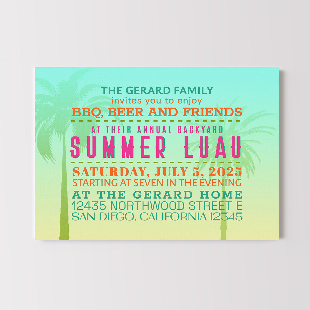 Summer luau invitation with palm trees on a light blue background