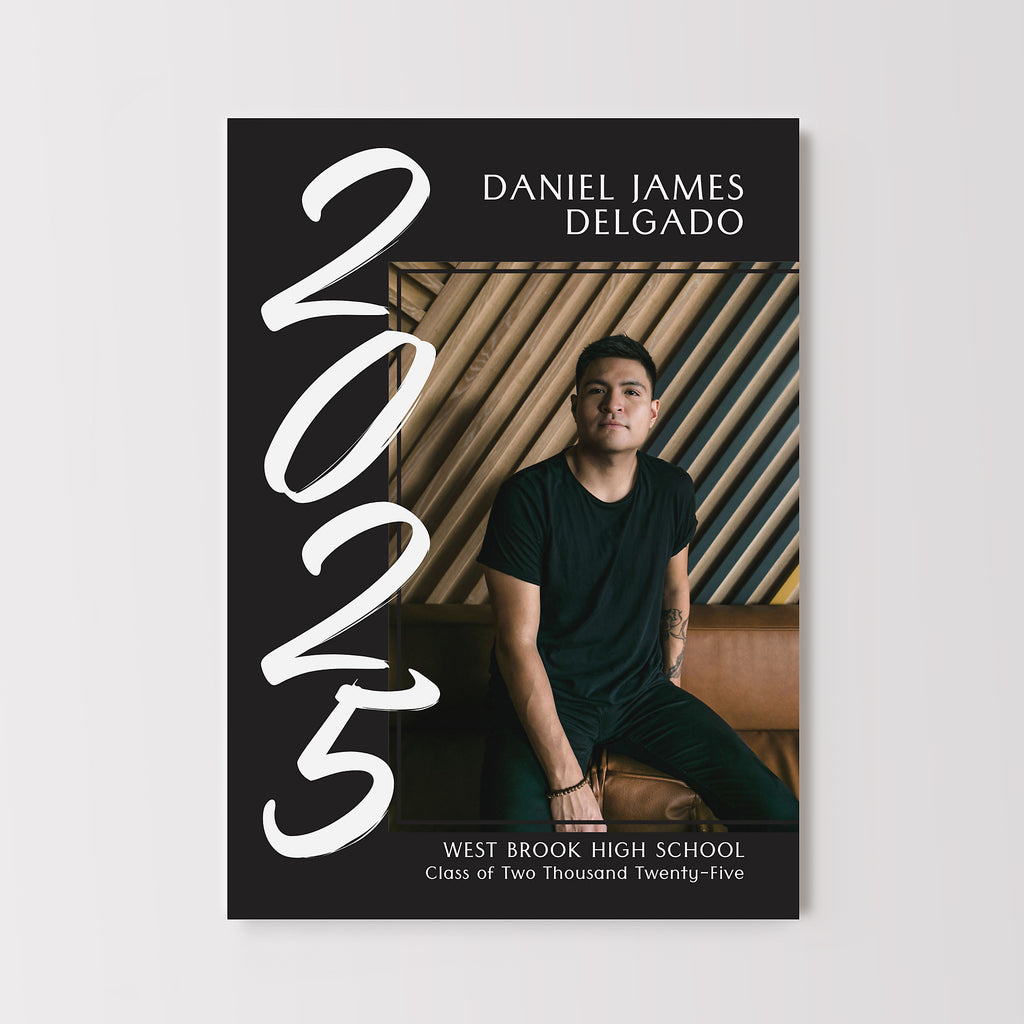 Graduation invitation with a photo of a person and text on a black background