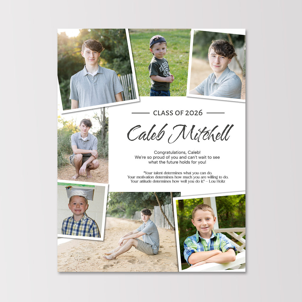 Full page senior yearbook ad with 7 photos collage style around perimeter and space for text in the center. 