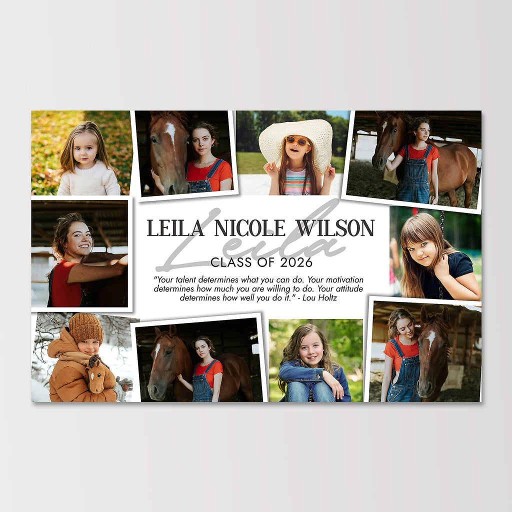 Half page senior yearbook grad ad with multiple photos collage style around the perimeter and text in the center. 