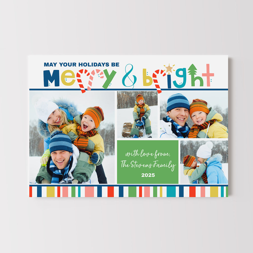 christmas photo card template with colorful stripes and merry & bright wording