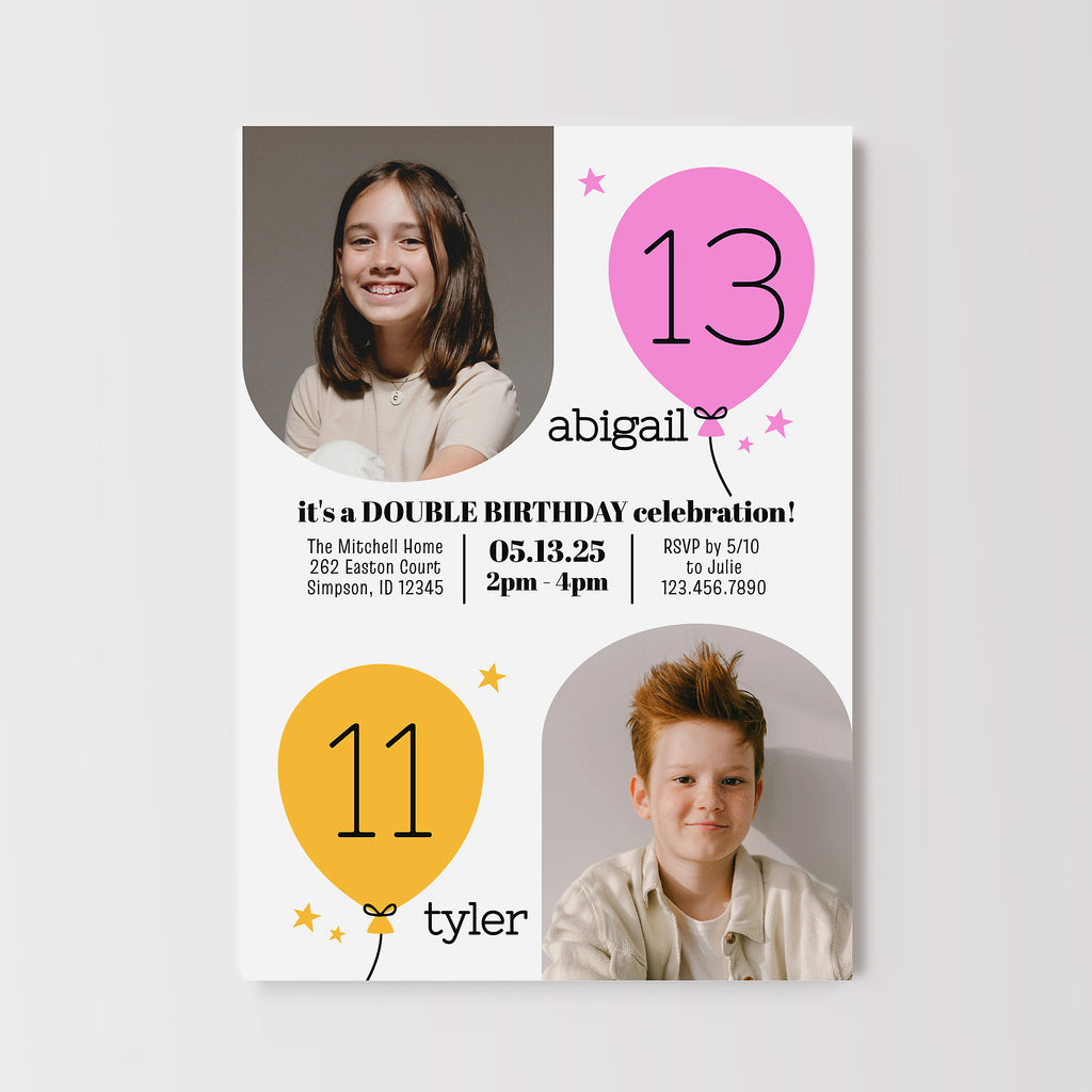 Double birthday invitation card with two children's photos and balloons for ages 11 and 13.