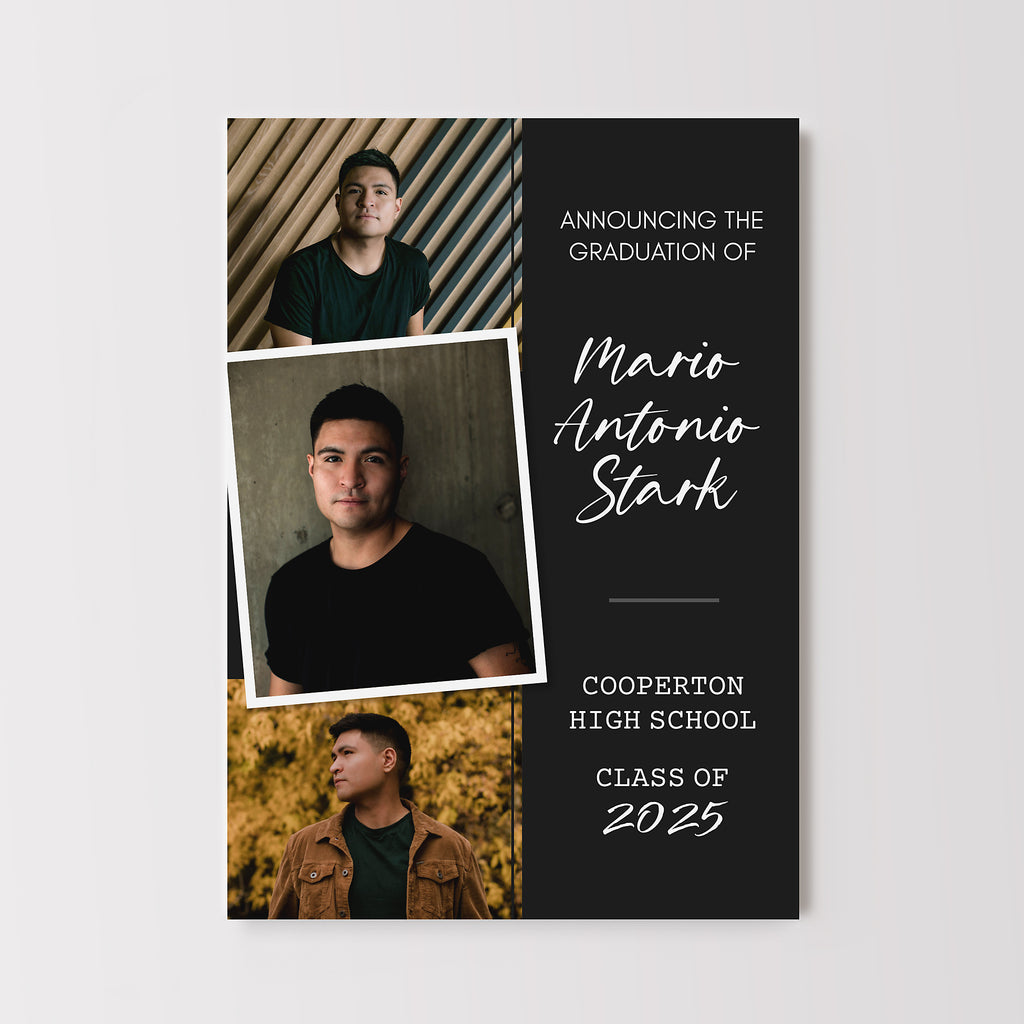 minimalist style photo grad announcement with three photos, a black background and white text. 