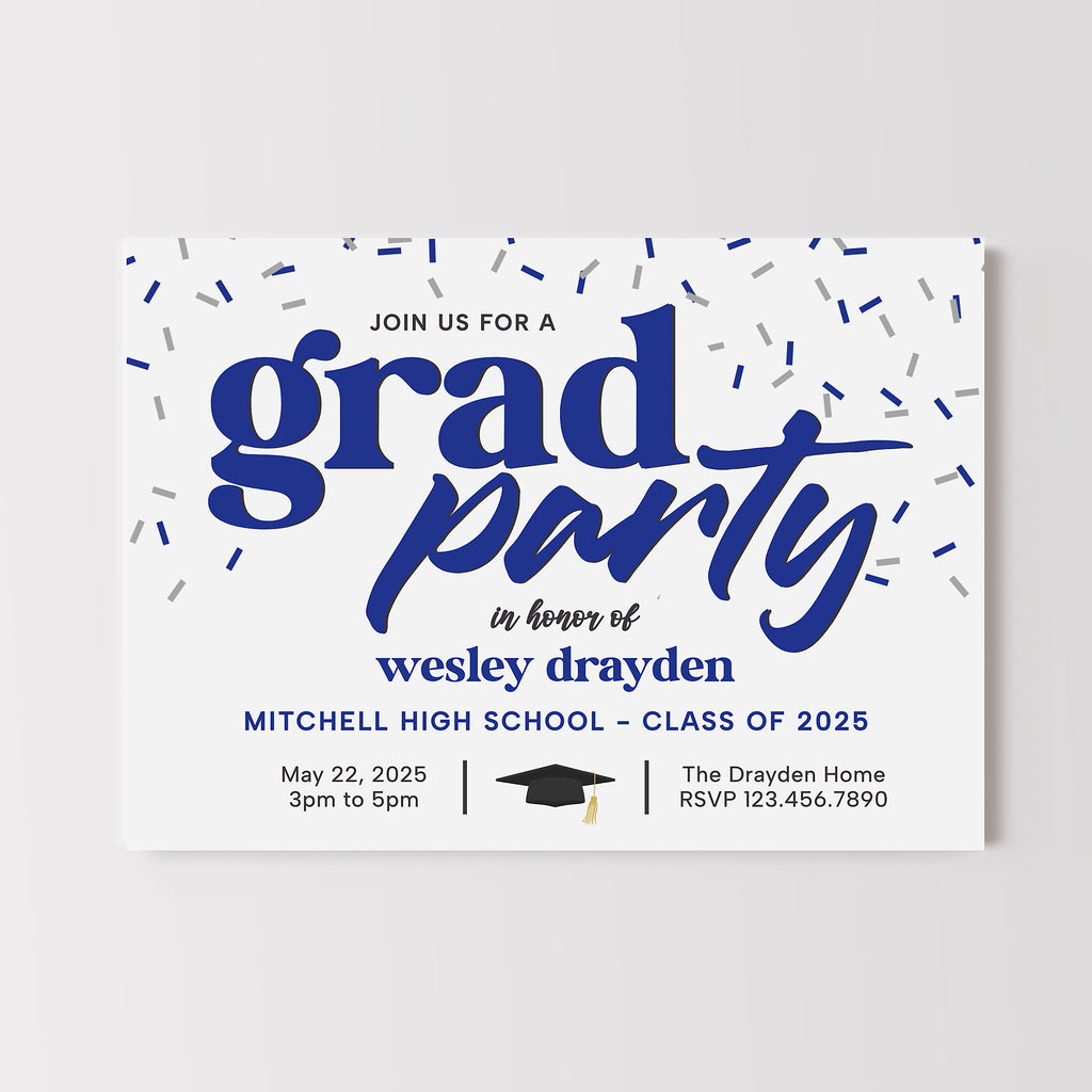 Graduation party invitation with blue text and confetti on a white background