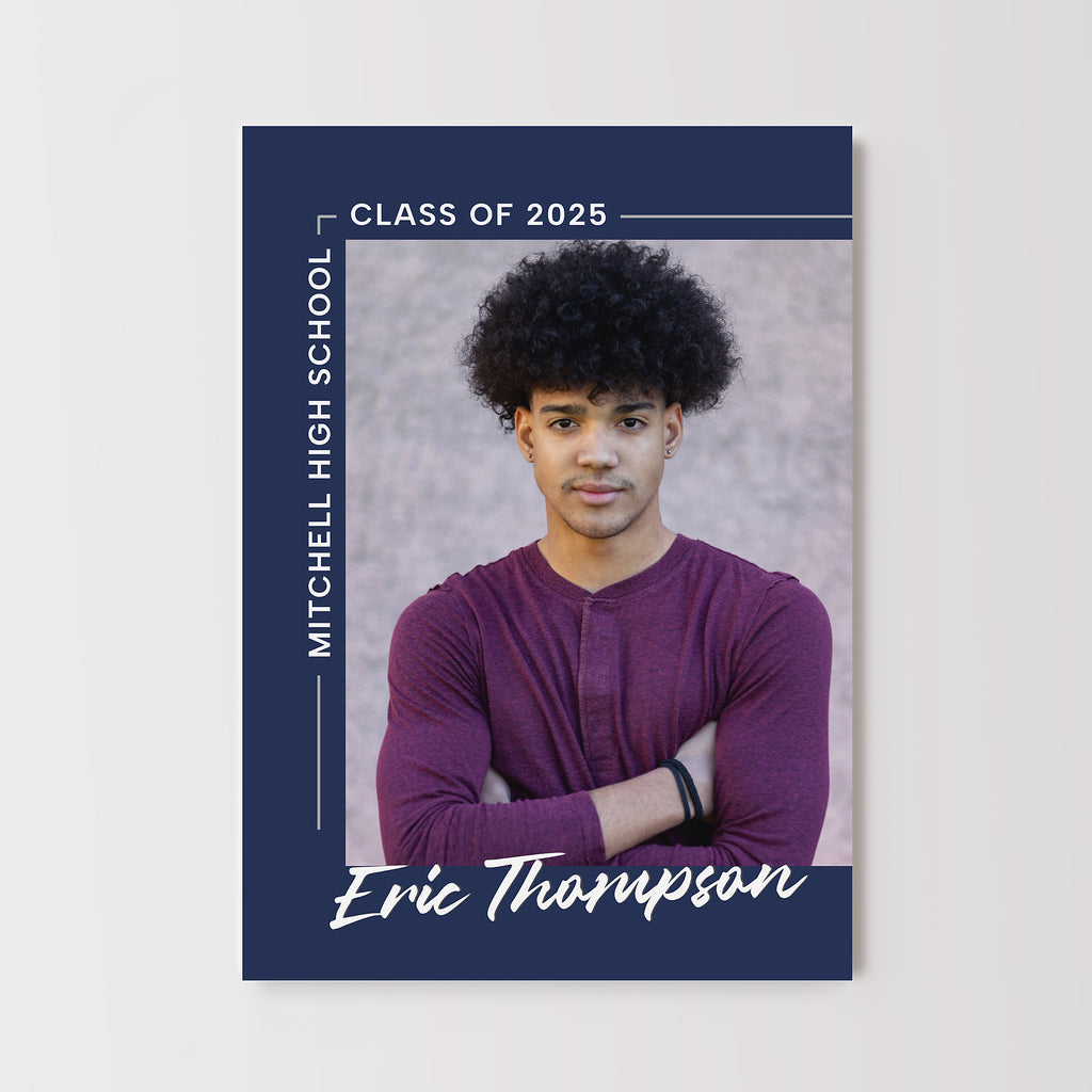 Modern photo graduation party invite with a single photo and text edges. 