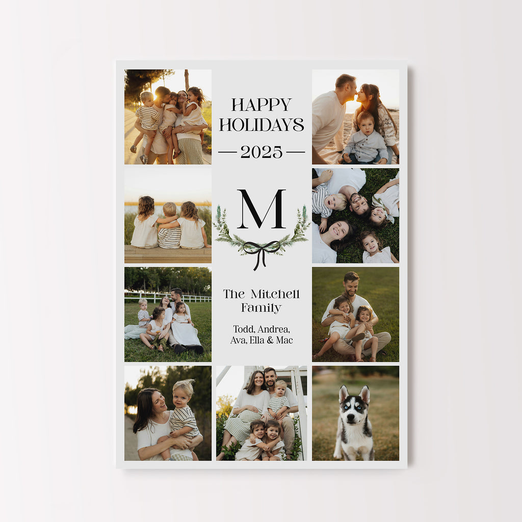 Holiday card with 9 square photos and black text on an off-white background. A black monogram is surrounded by a green wreath with black bow.