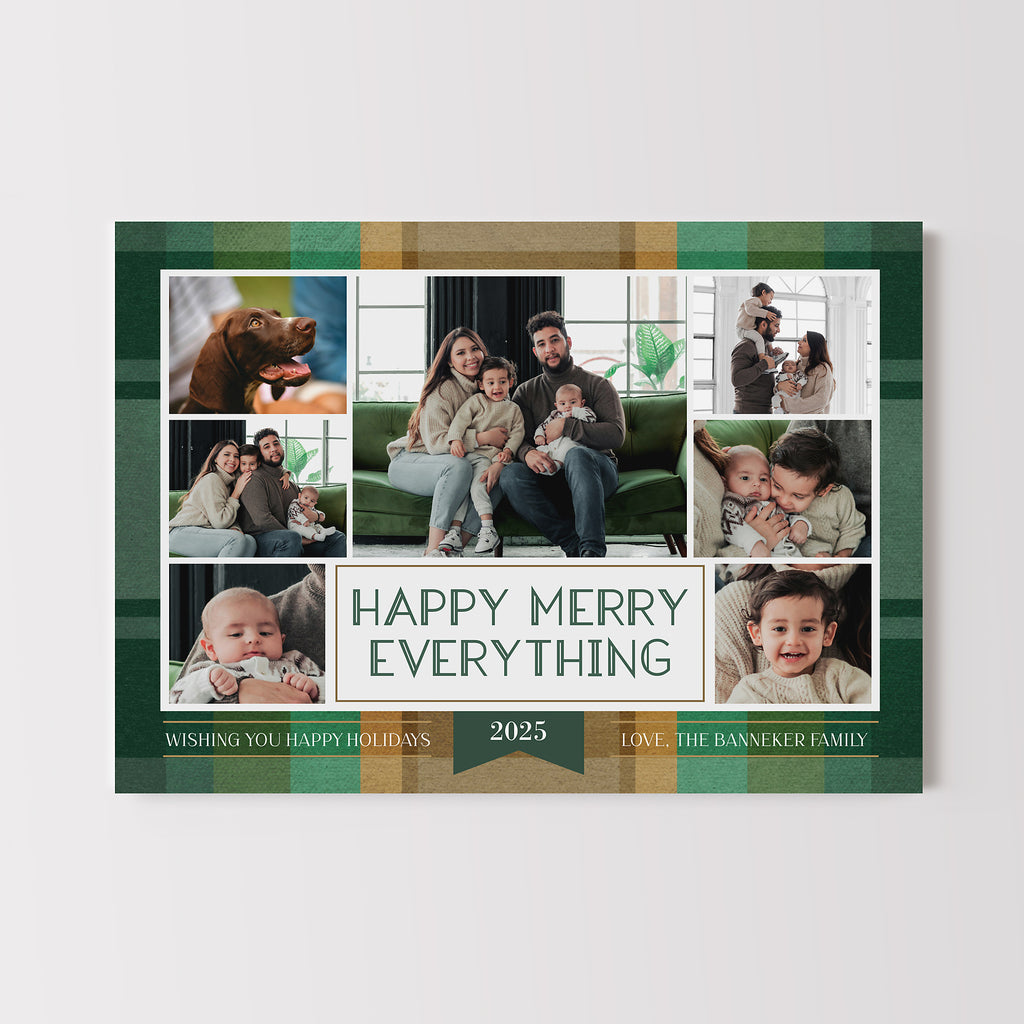 Christmas card template featuring a green and gold plaid background with a collage of 7 photos. 