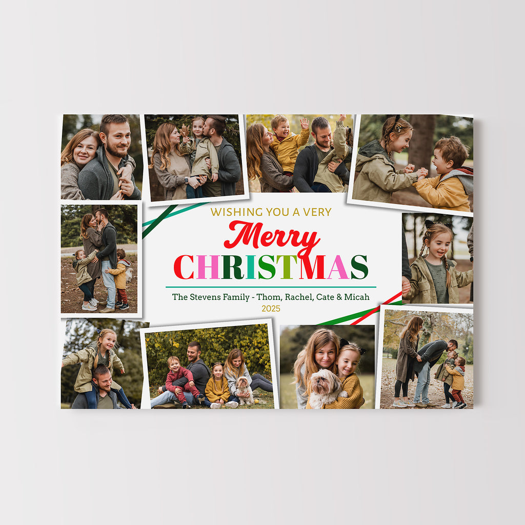 holiday card with colorful wording in center on a white background and ten photos in a collage format around the perimeter of the card.