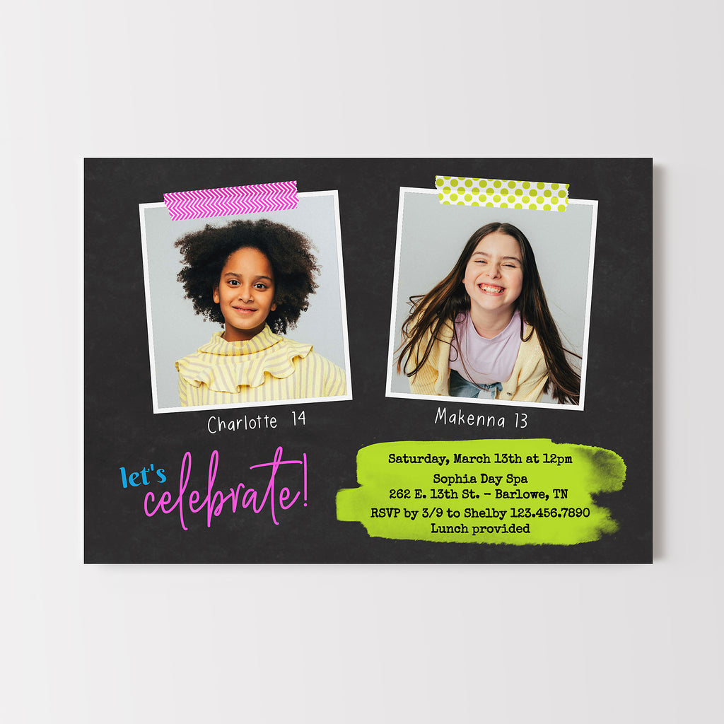 Invitation card with two photos of girls and celebratory text on a black background