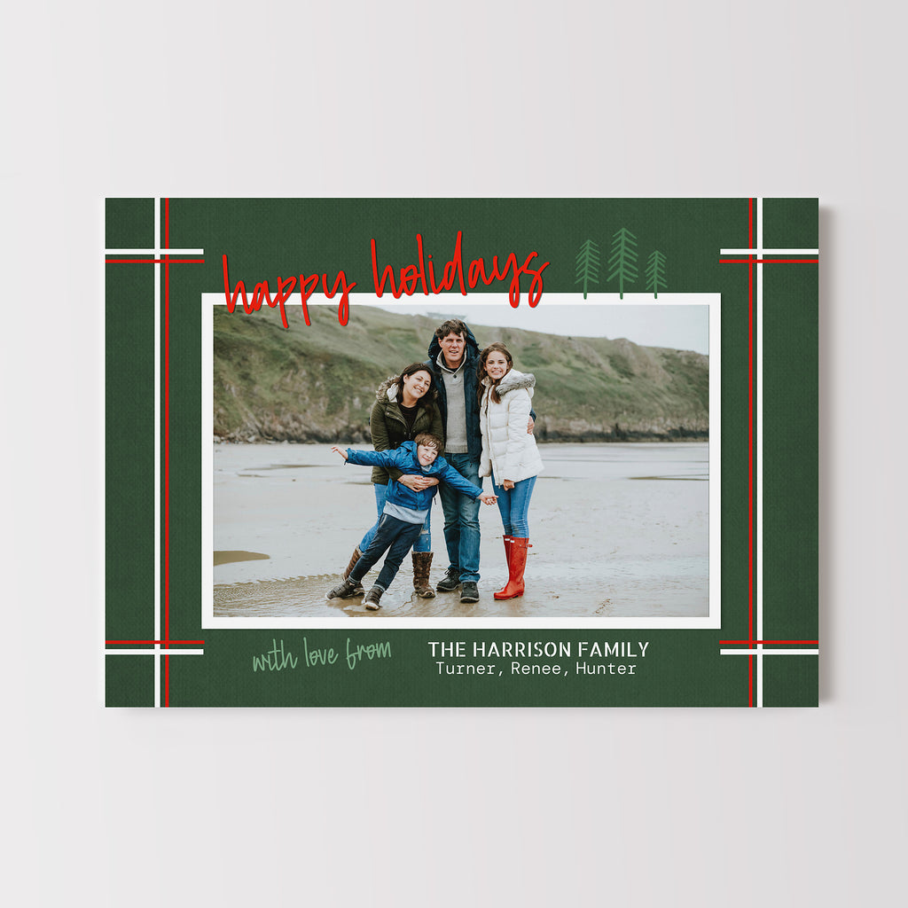 single photo holiday card template with red and white pinstripes, a single photo and green background