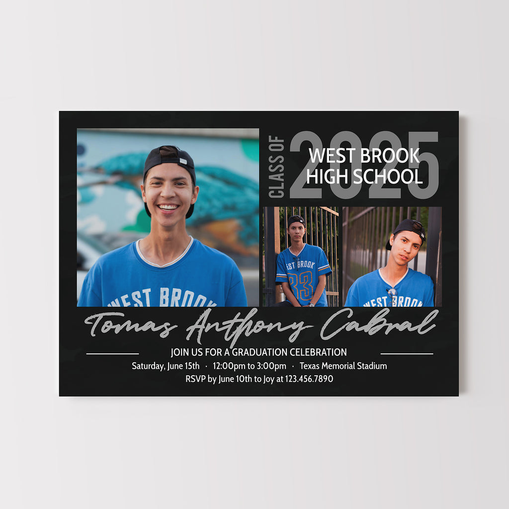 graduation announcement with three photos, gray text on a black background.