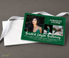 horizontal photo graduation announcement with green watercolor background, three photos, white text, printed with stack of white envelopes