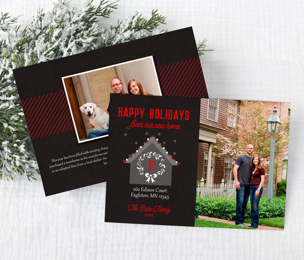 new home, moving or address change christmas photo card with black background, red text, and a single photo