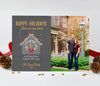 new home, moving or address change christmas photo card with gray background, gold text, and a single photo