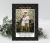new year photo card in portrait format with black background, patterned background and a single photo