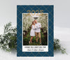new year photo card in portrait format with blue background, patterned background and a single photo