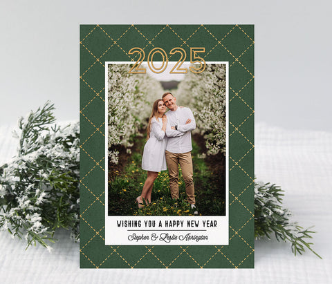 new year photo card in portrait format with green background, patterned background and a single photo