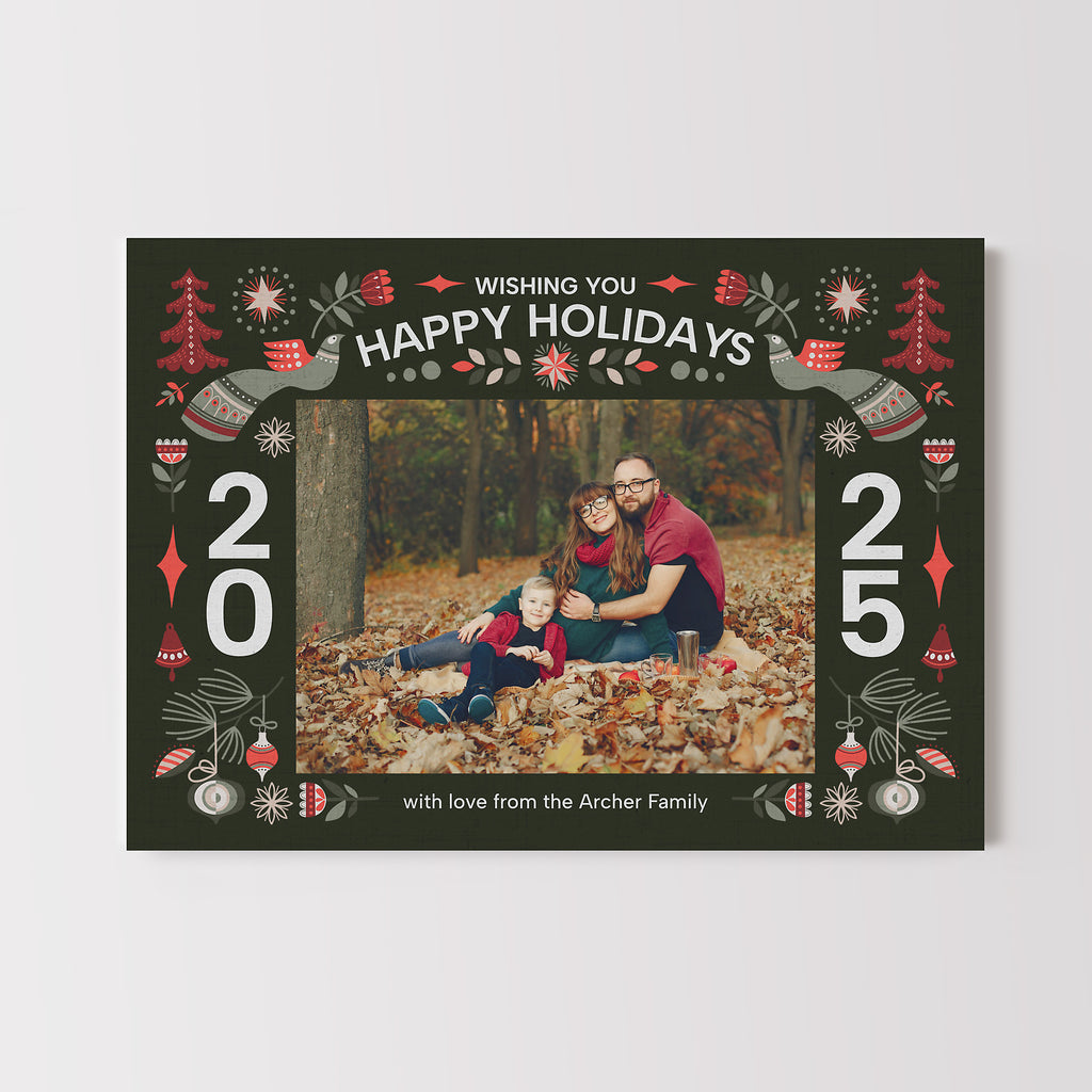 Happy Holidays card with a family photo and decorative border on a white background