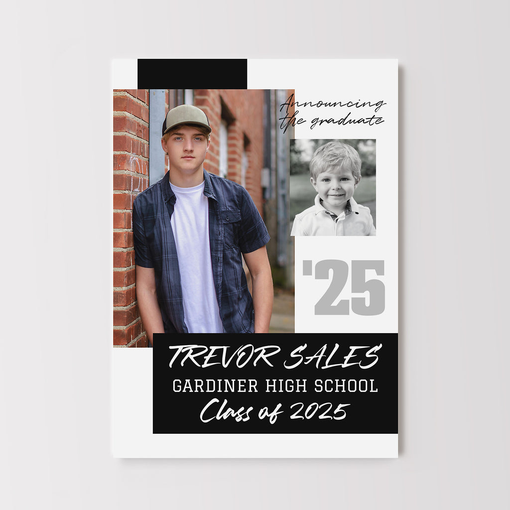 Graduation announcement card with two photos and text on a white background
