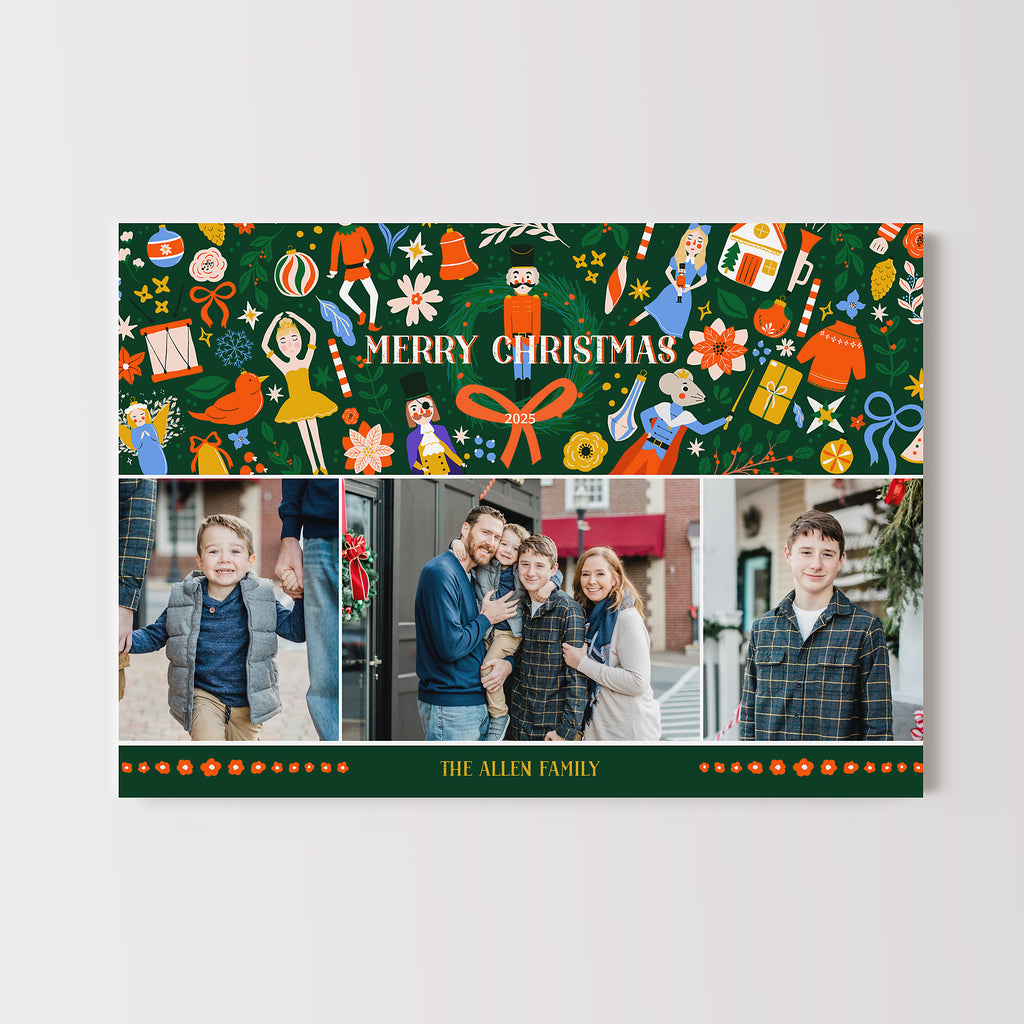 Christmas card template with 3 photos and Nutcracker themed graphics on a green background. 