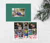 holiday photo card with christmas shades of red and green, and ten collage style photos, back side is green with gold stripes
