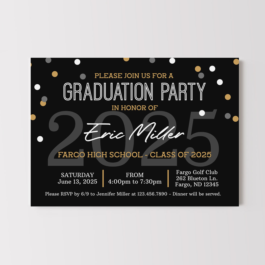 Open house graduation party invitation with black gold and white color scheme.