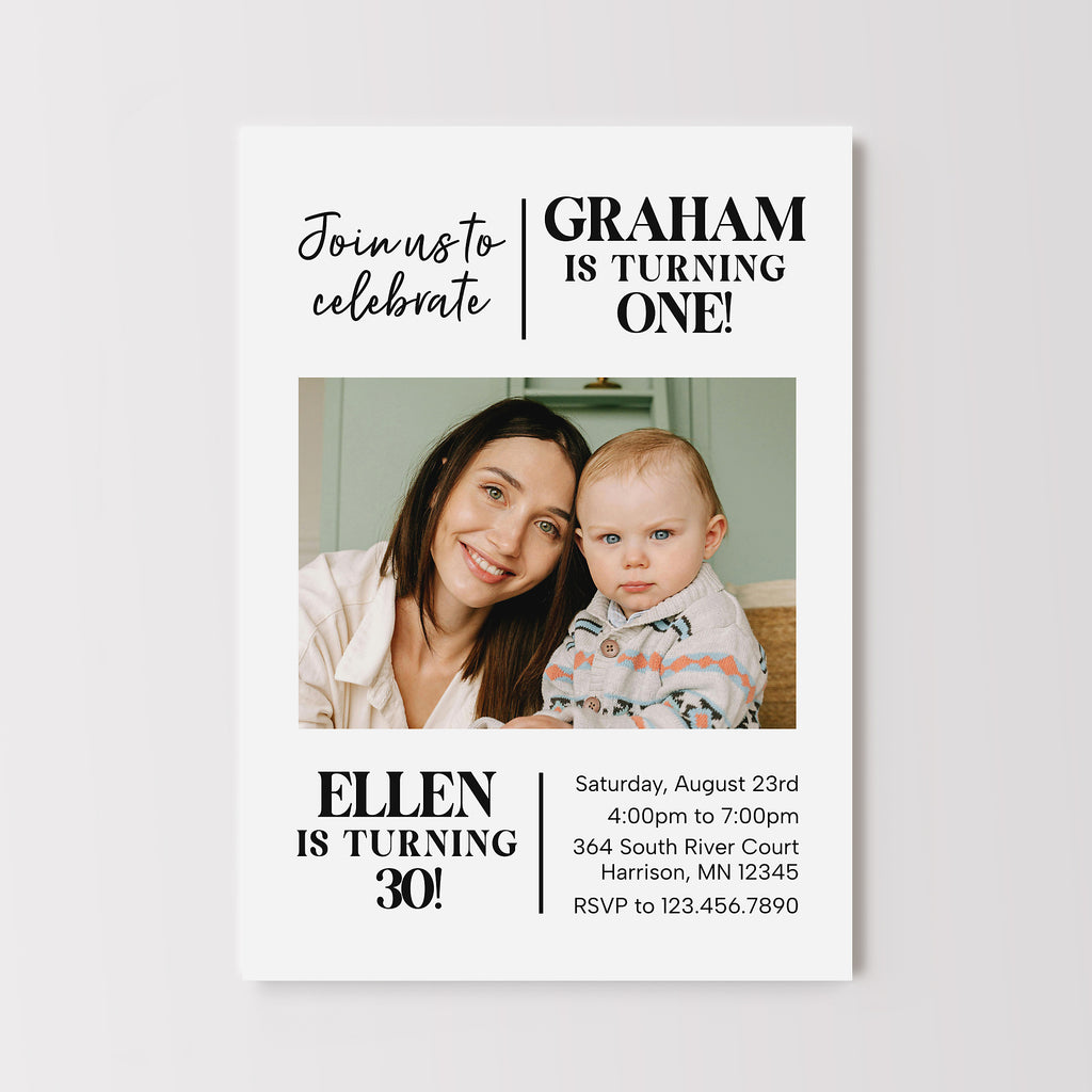 Invitation card with a photo of a woman and a child, celebrating a birthday.