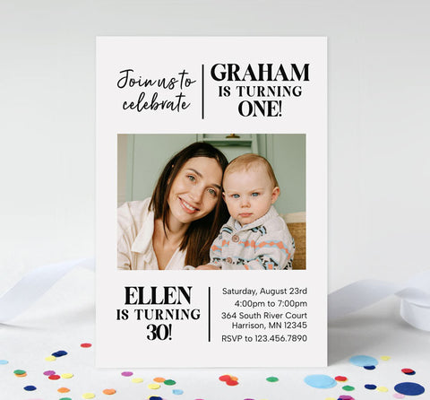 parent child joint birthday invitation with white background, black text and single photo