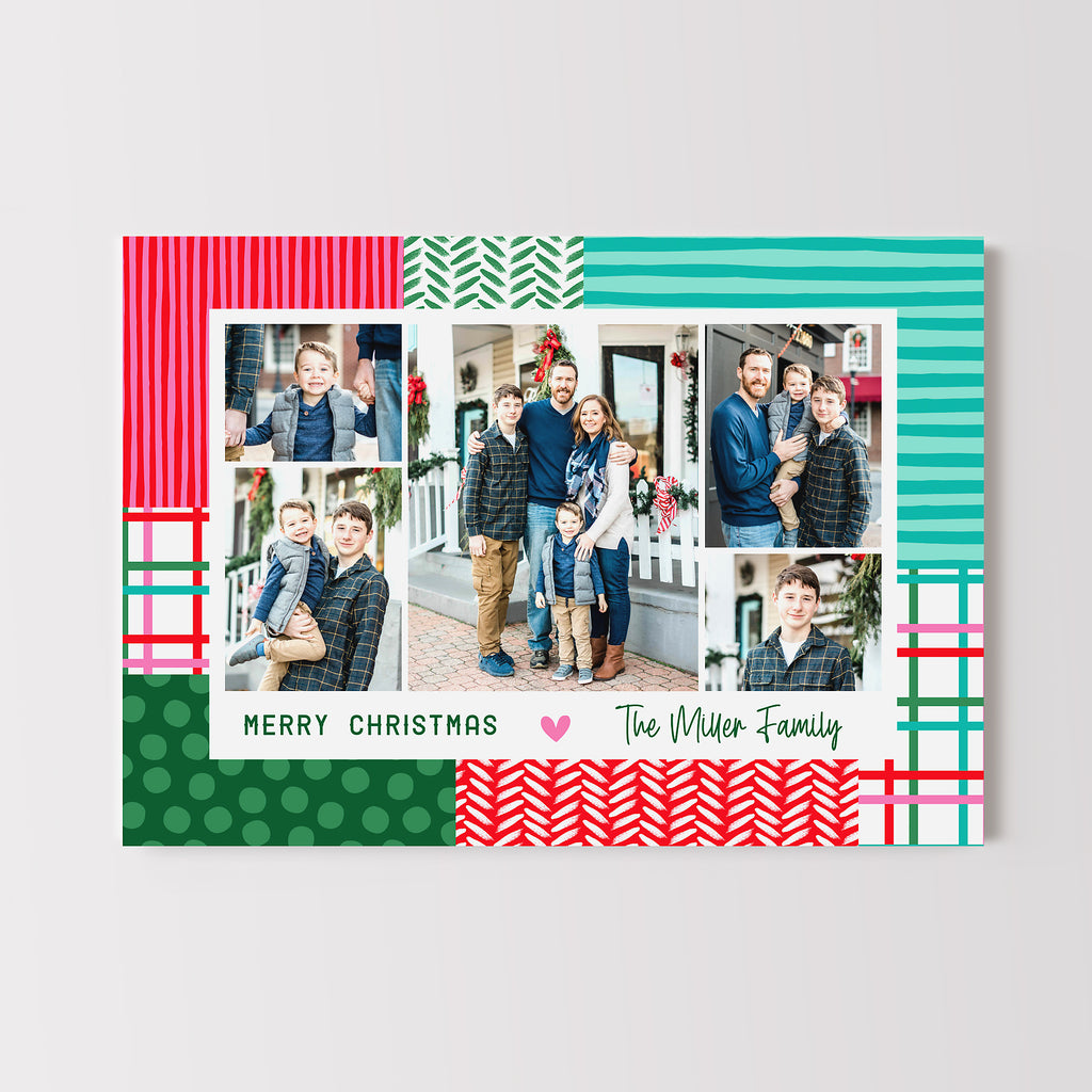 Christmas photo card template with a collage of 5 photos on a patchwork style background in patterned squares of red, teal, green and pink. 