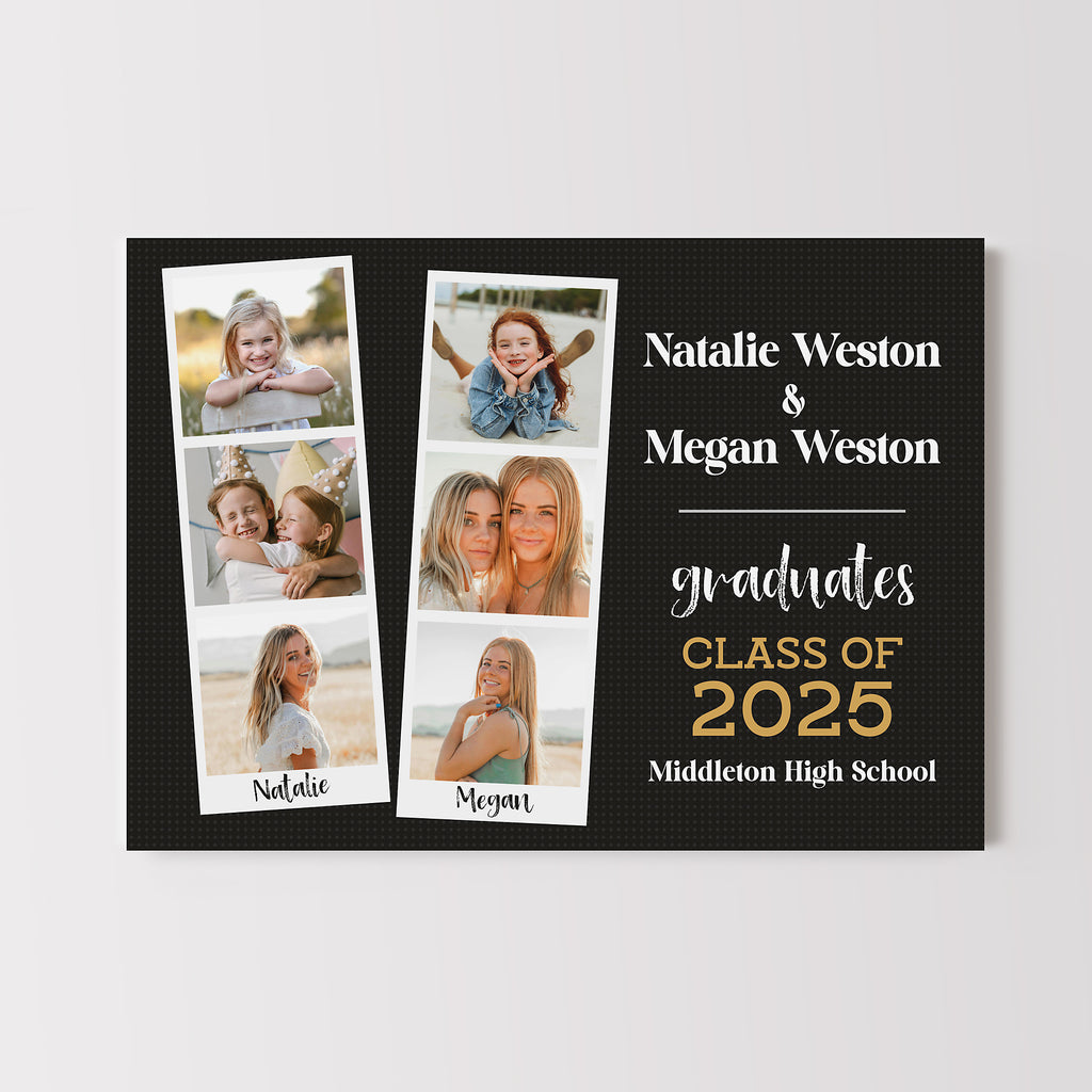 Graduation announcement for two graduates with photo booth style photo strips on a black background with white and gold text. 