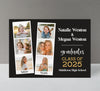 double graduation announcement for 2 graduates with black background, gold and white text, and two photo booth style strips that each contain 3 photos of the grads