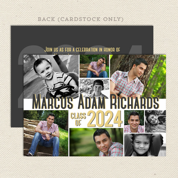 photo collage graduation announcement, double sided with several photos, printable digital 2024 