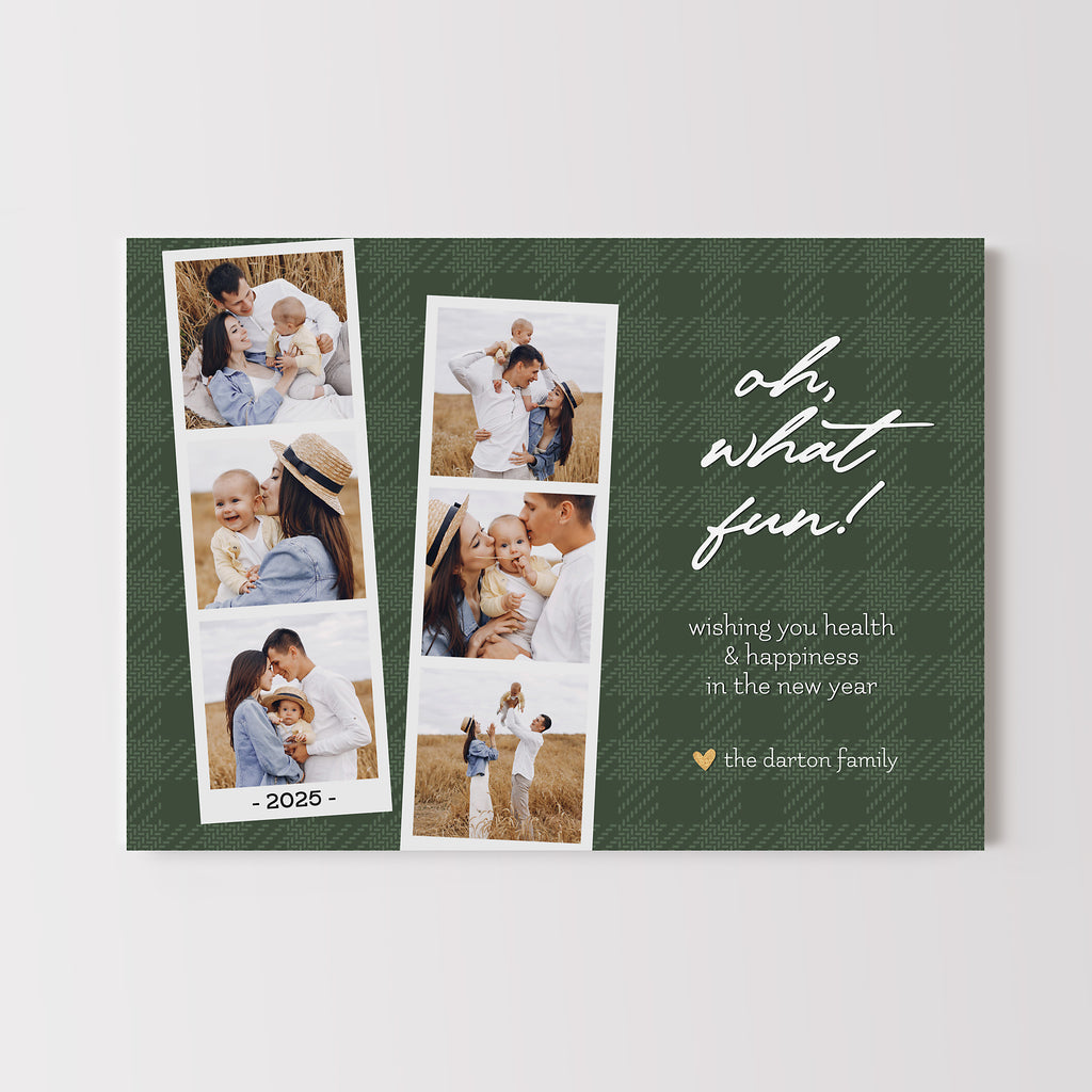 christmas card template featuring a green plaid background and two photo booth style strips to display 6 photos
