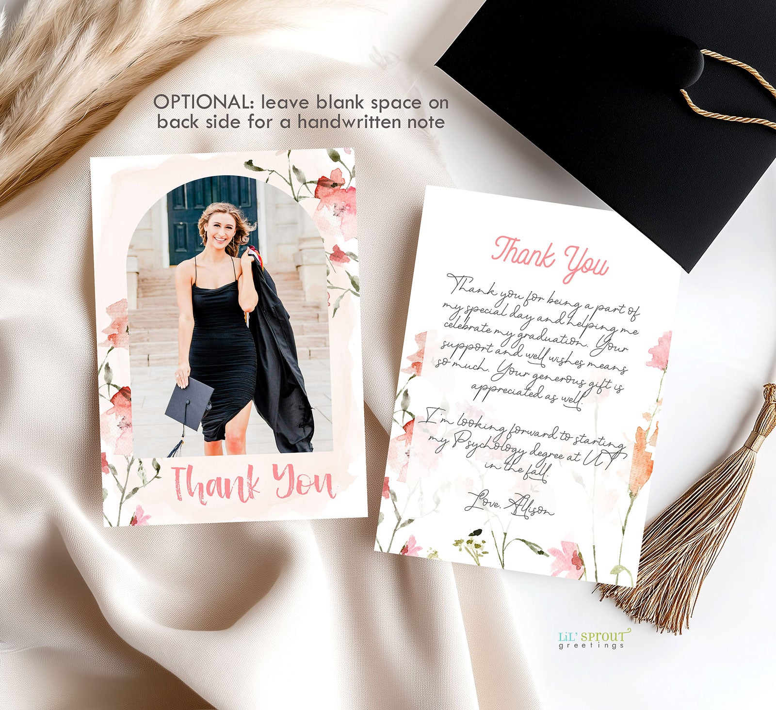 thank you cards for grad gifts Pink Floral Graduation Thank You Card