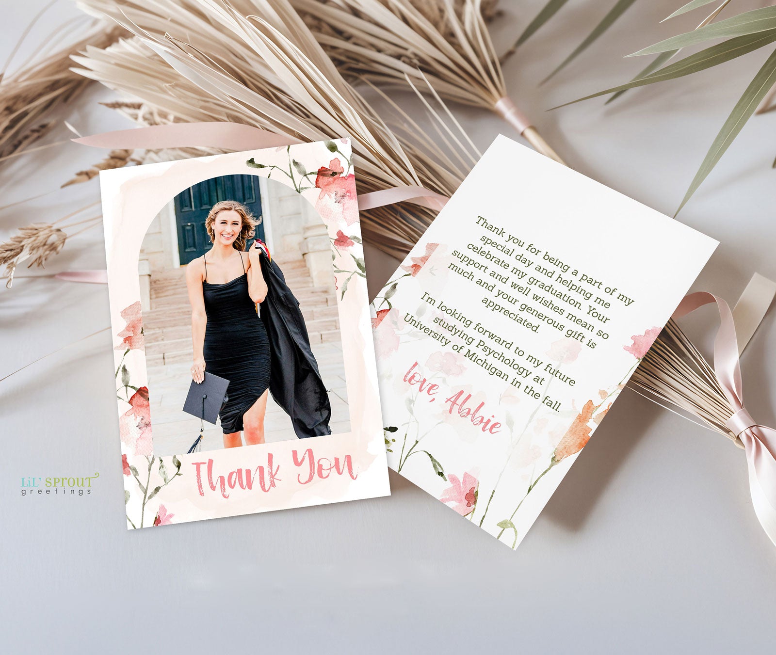 grad thank you card Pink Floral Graduation Thank You Card