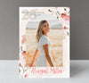 graduation invite with a single arched photo and a pink floral background