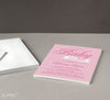 girl baby shower invitation with light pink striped background, dark pink text, printed on cardstock