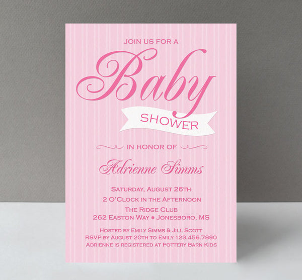 girl baby shower invitation with light pink striped background, dark pink text