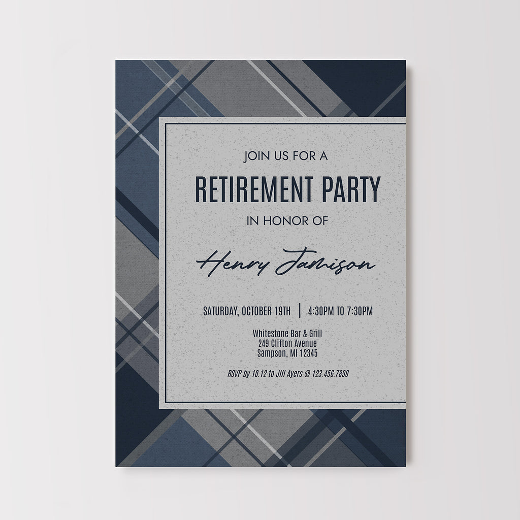 Men's retirement party invitation with blue and gray plaid background