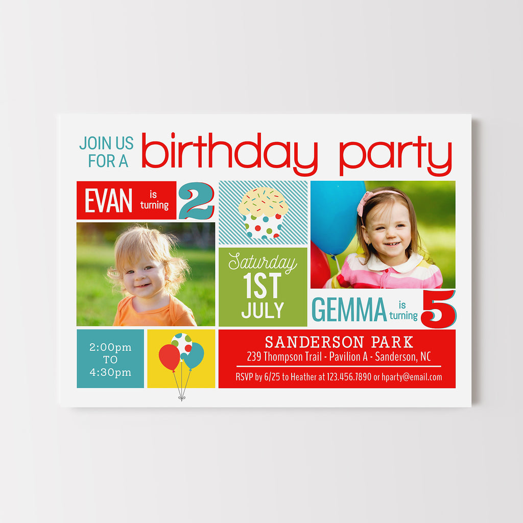 Joint birthday party invitation with photos of children and colorful blocks to display text. 