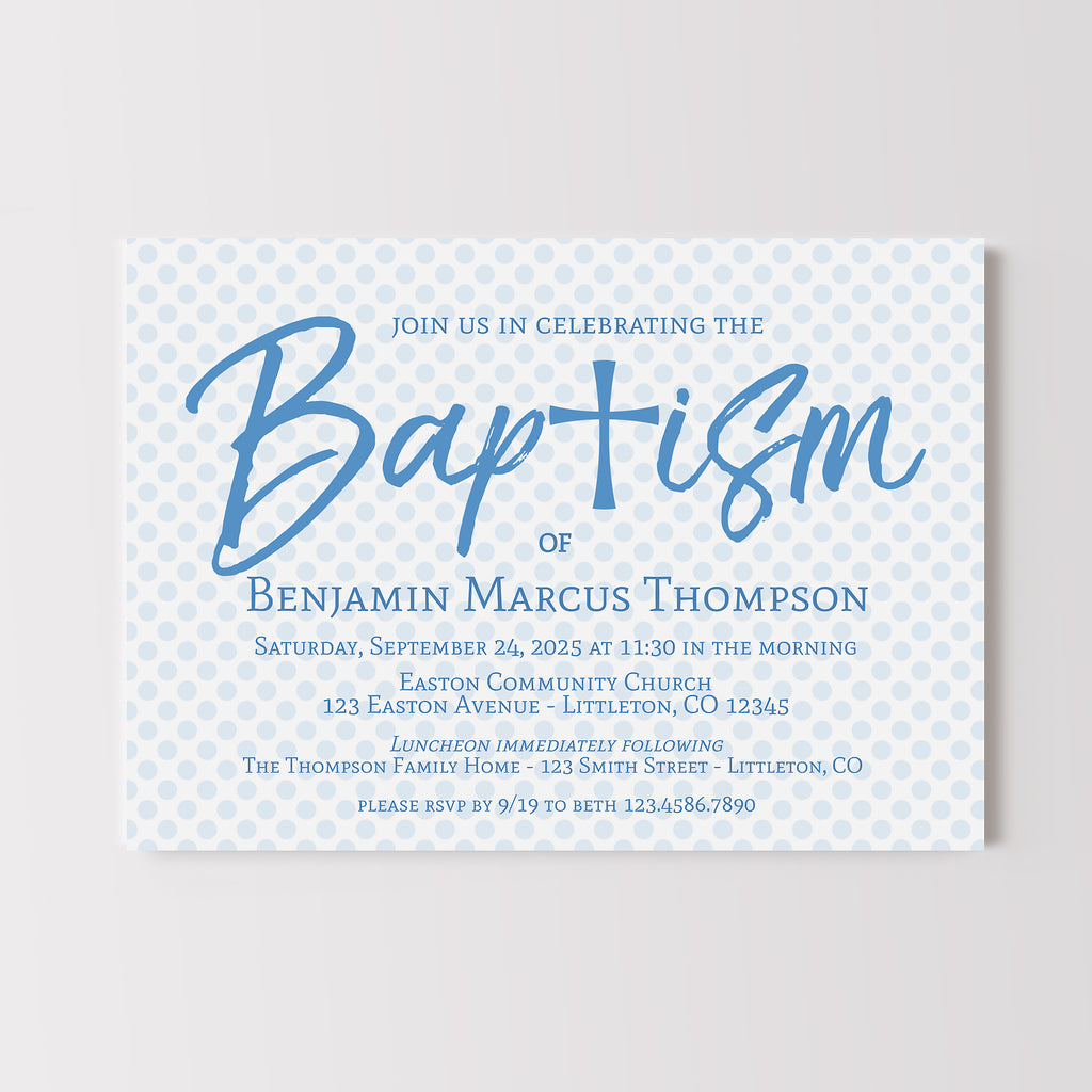 Baptism invitation with blue text on a white background