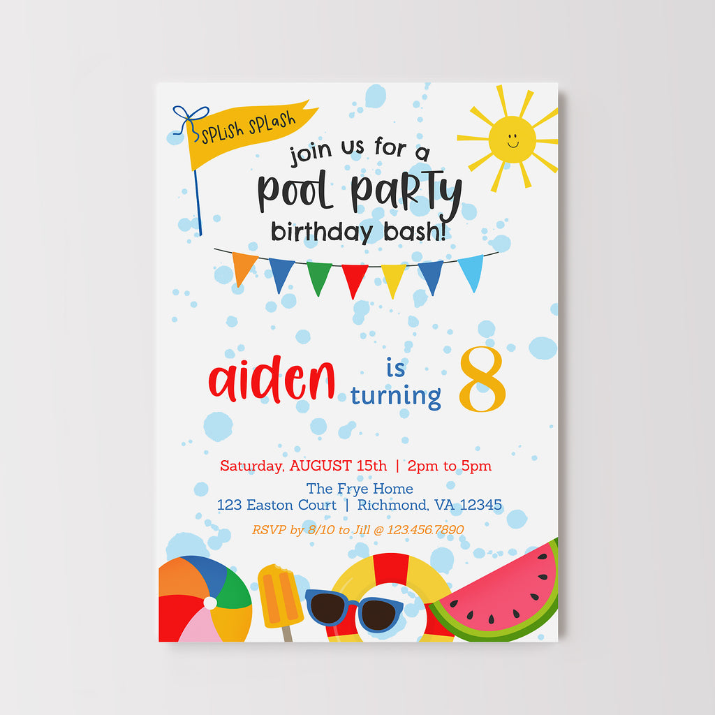 Pool party themed boys birthday invitation wth red, yellow and blue summer themed graphics 